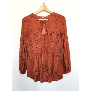 American Eagle Boho Eyelet embroidery Tunic Top Size XS Rust Tie V Neck Blouse